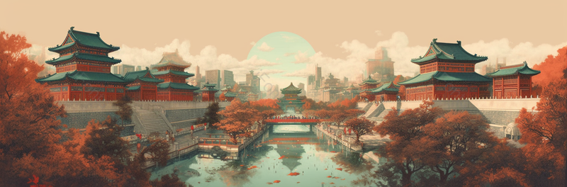 国潮风插画故宫建筑远处太阳升起背景,插画/手绘图,插画/手绘图库,插画/手绘图下载,插画/手绘